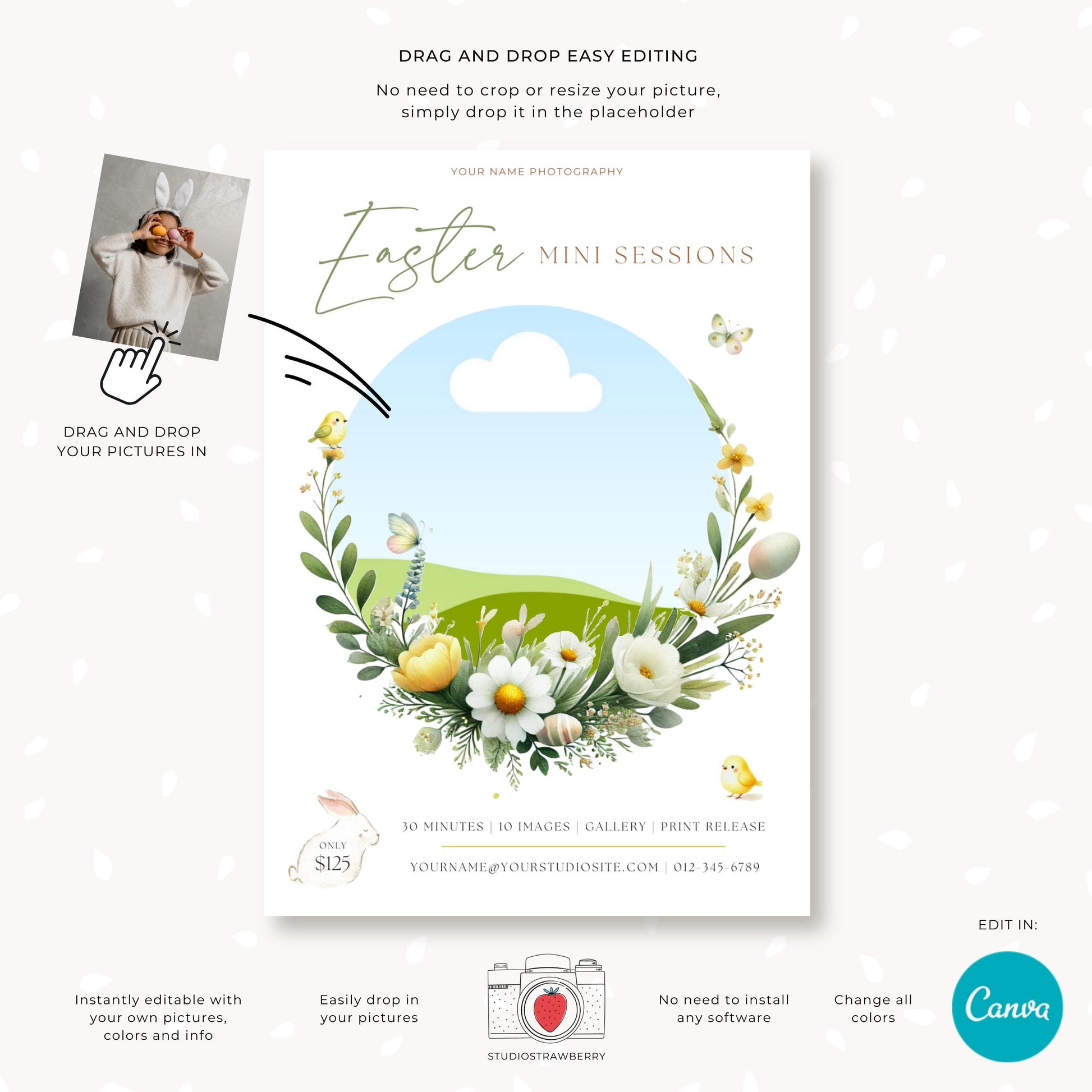 Easter Mini Sessions marketing flyer with a floral wreath and photo placeholder for easy customization.