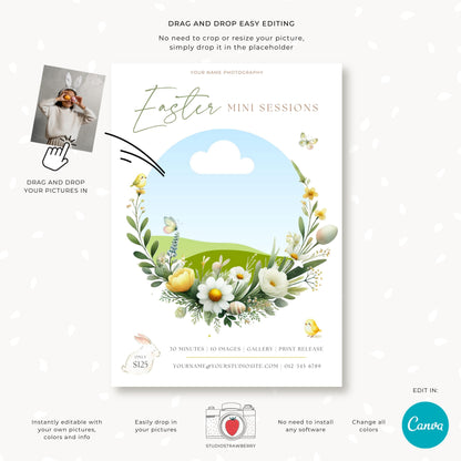 Easter Mini Sessions marketing flyer with a floral wreath and photo placeholder for easy customization.