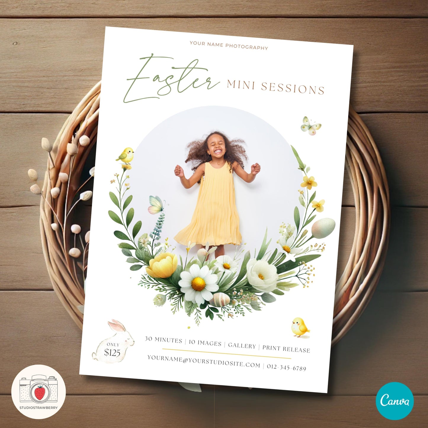 Editable Easter Mini Sessions template displayed on a smartphone screen for digital use.