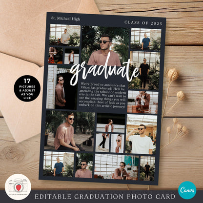 Printable graduation photo collage card for high school or college guys.