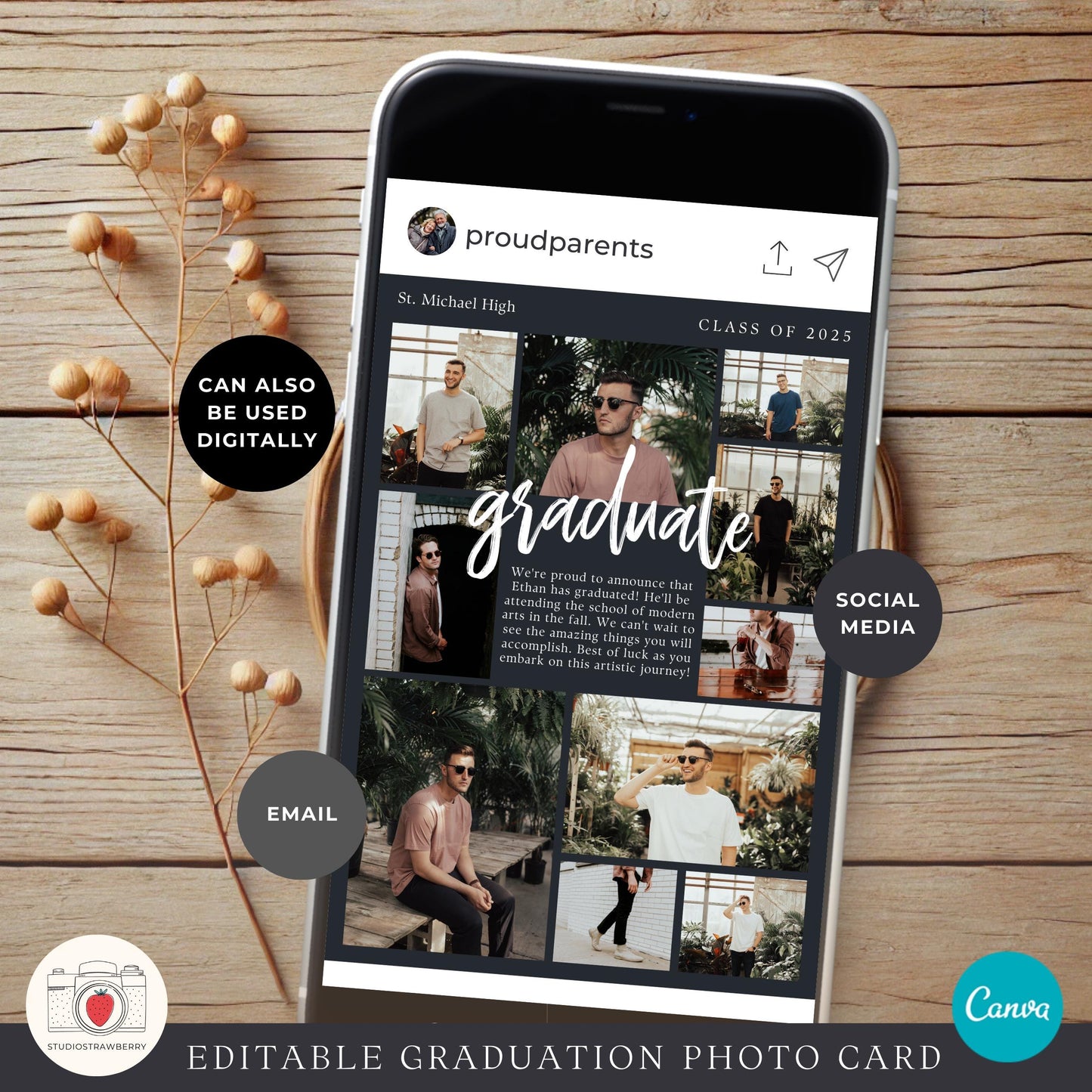 Digital guy graduation card displayed on a phone, perfect for social media.