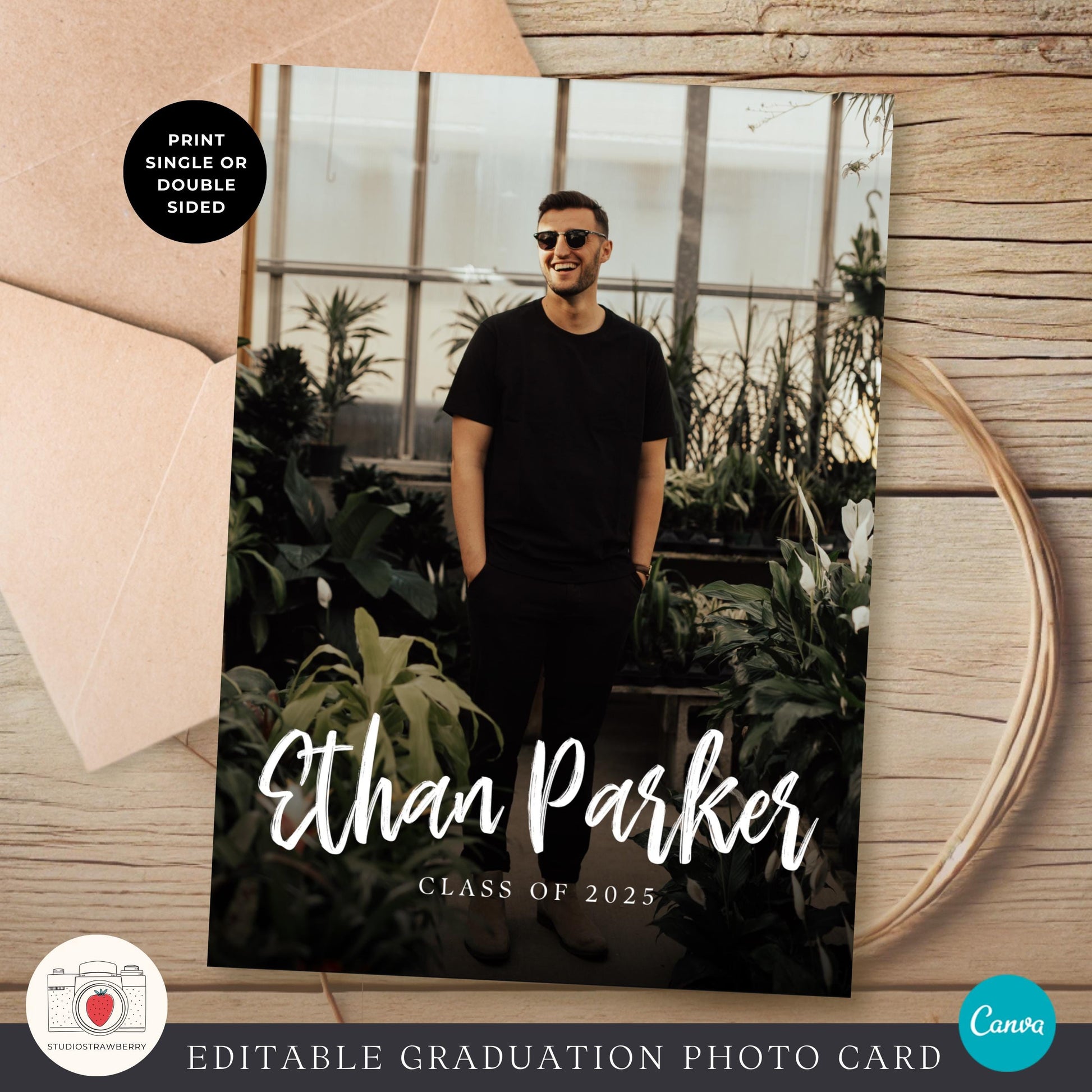 Graduation thank-you card for guys, with a stylish photo collage layout.