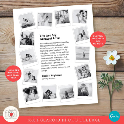 14-photo Polaroid collage with customizable text in Canva