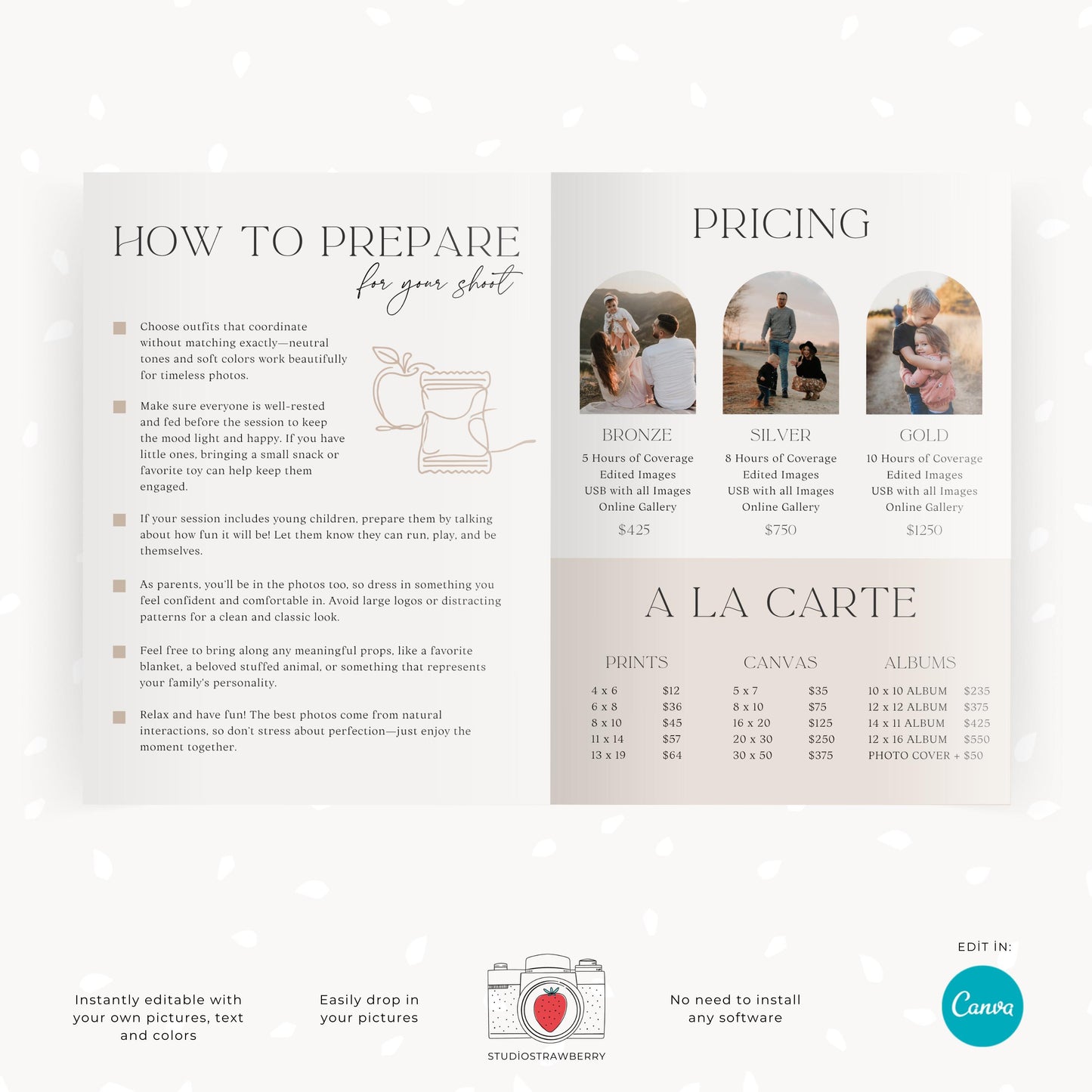 Canva family session client guide featuring a mood board for outfit inspiration and photo ideas.