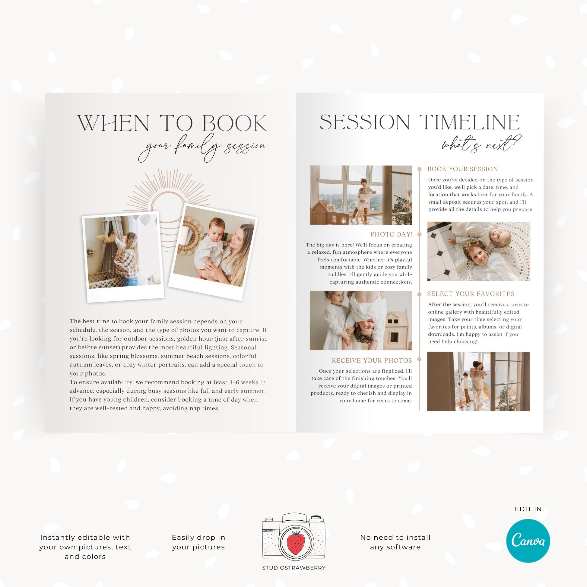 Indoor vs. outdoor family photography session guide template, helping clients choose their ideal setting.
