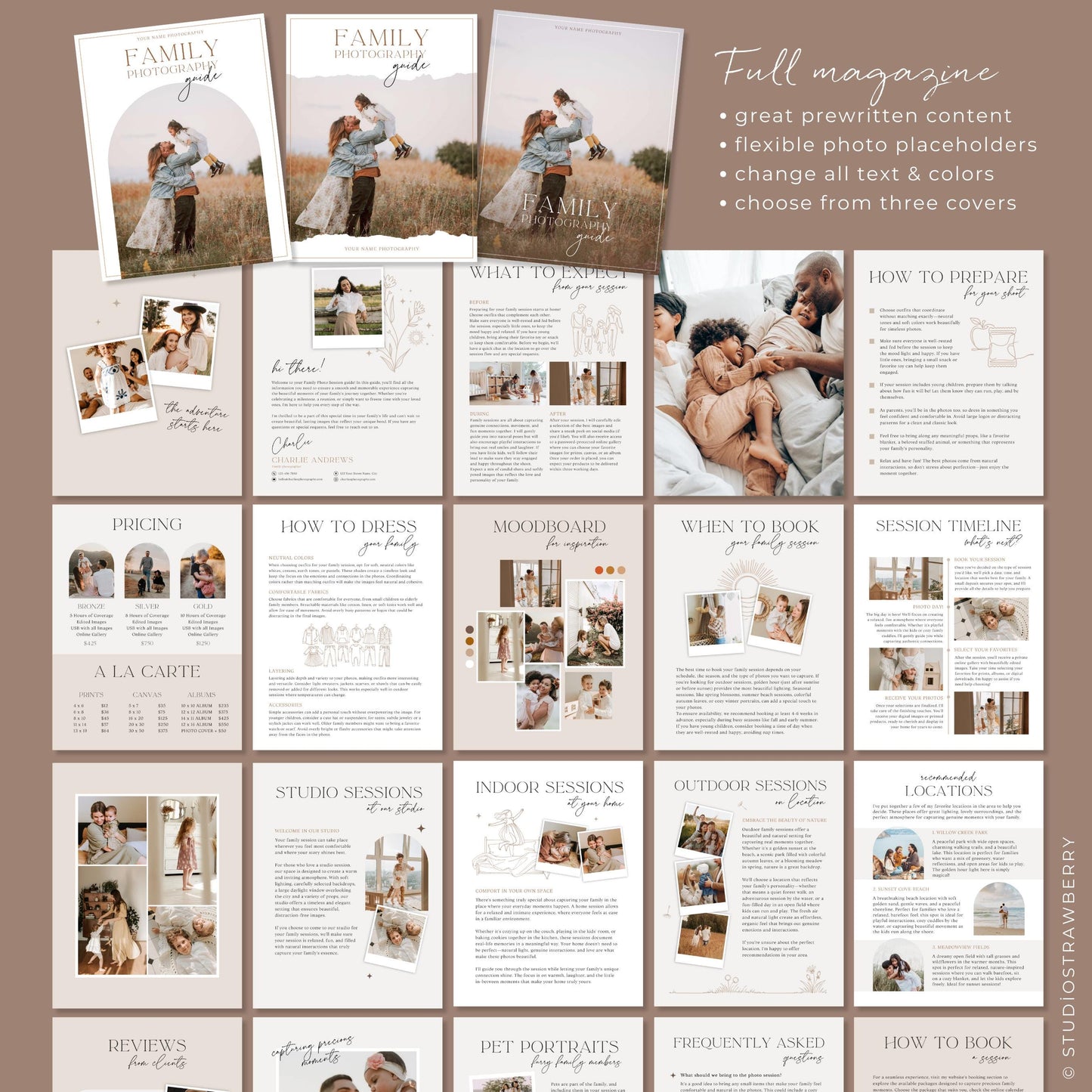 Customizable family session client magazine template with prewritten text and photo placeholders for photographers.