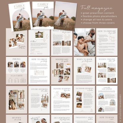 Customizable family session client magazine template with prewritten text and photo placeholders for photographers.