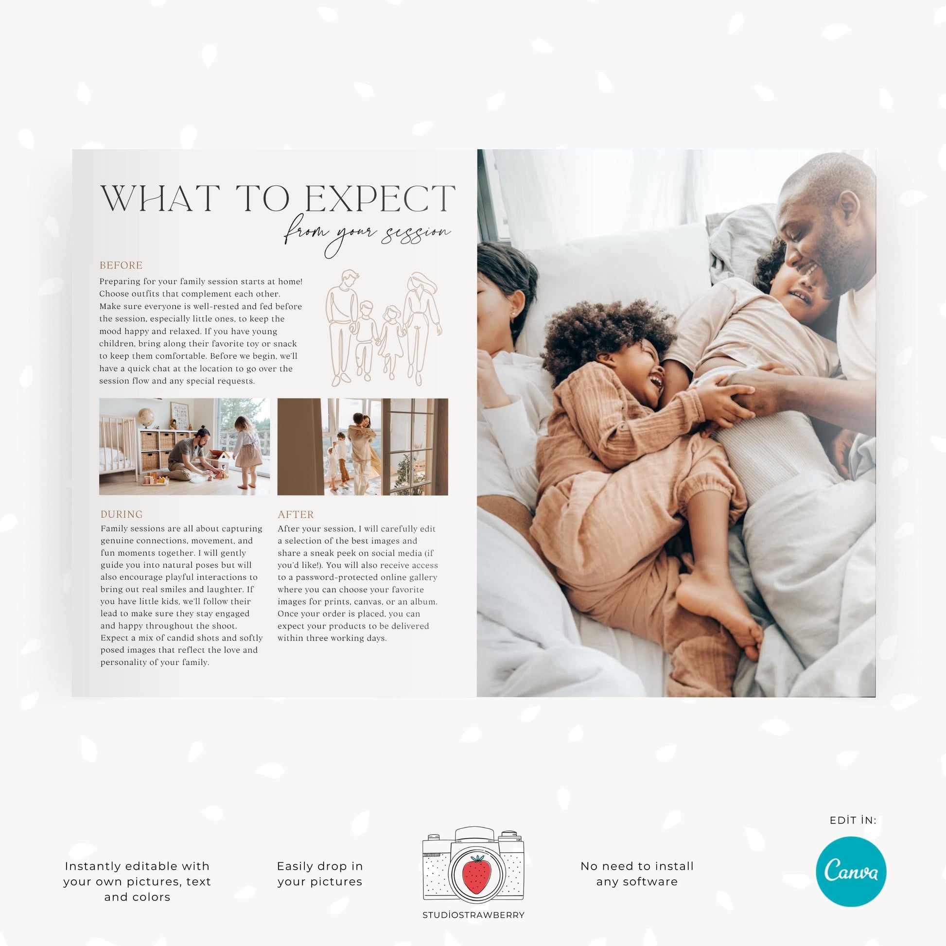 Family photo session prep guide template with styling tips, what to wear, and session expectations.