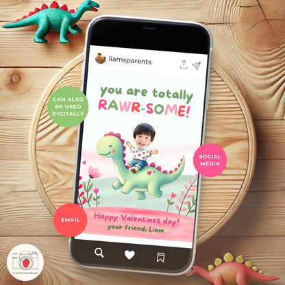 A phone screen displaying the digital dinosaur Valentine, showing that it can be used for social media.