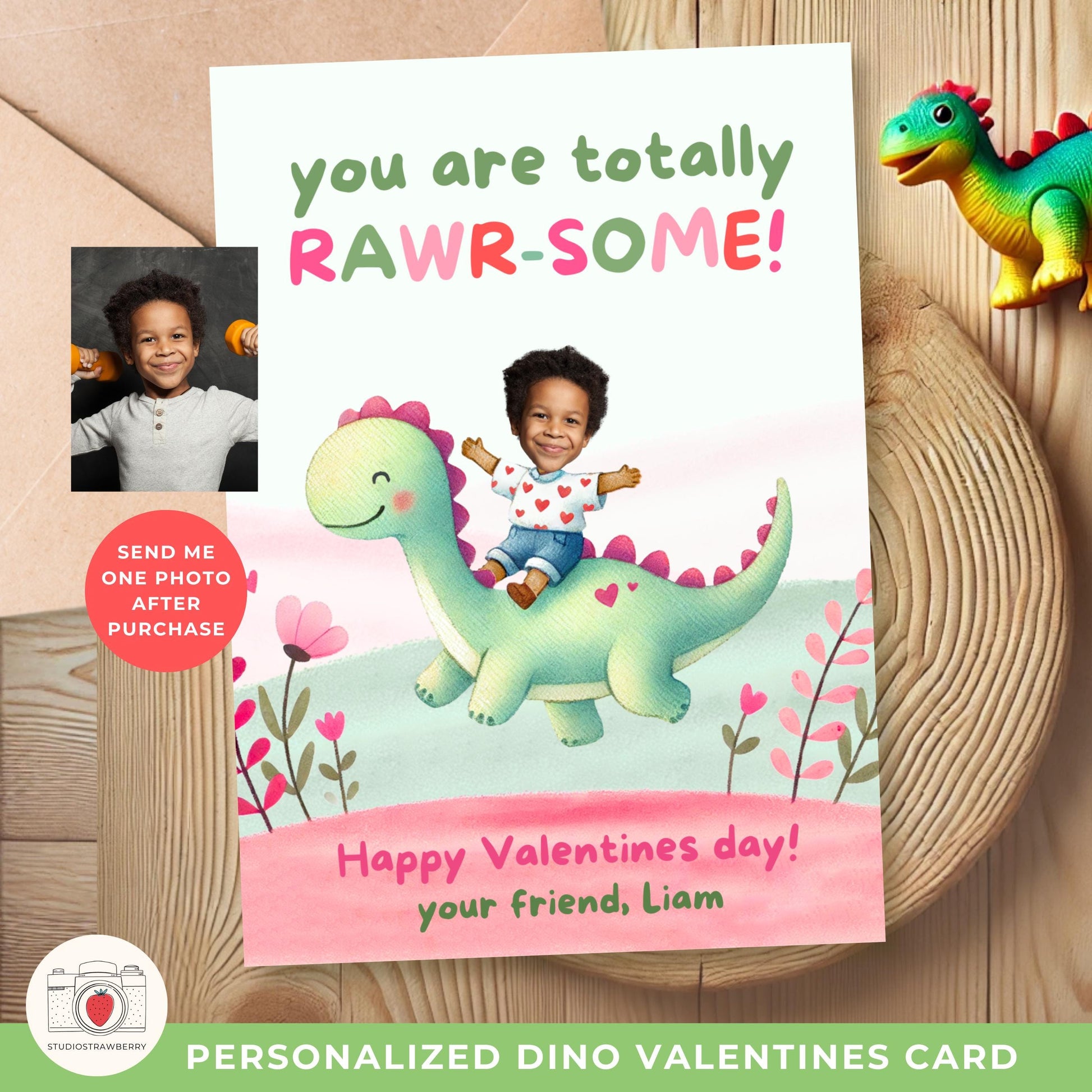 Close-up of a custom Valentine’s Day card with a photo of a smiling child placed on a dinosaur illustration.