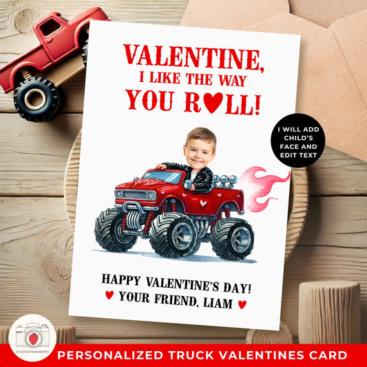 Personalized Monster Truck Valentine’s Card for Kids - Custom Photo Digital Valentine - Printable Fun School Exchange Card for Boys
