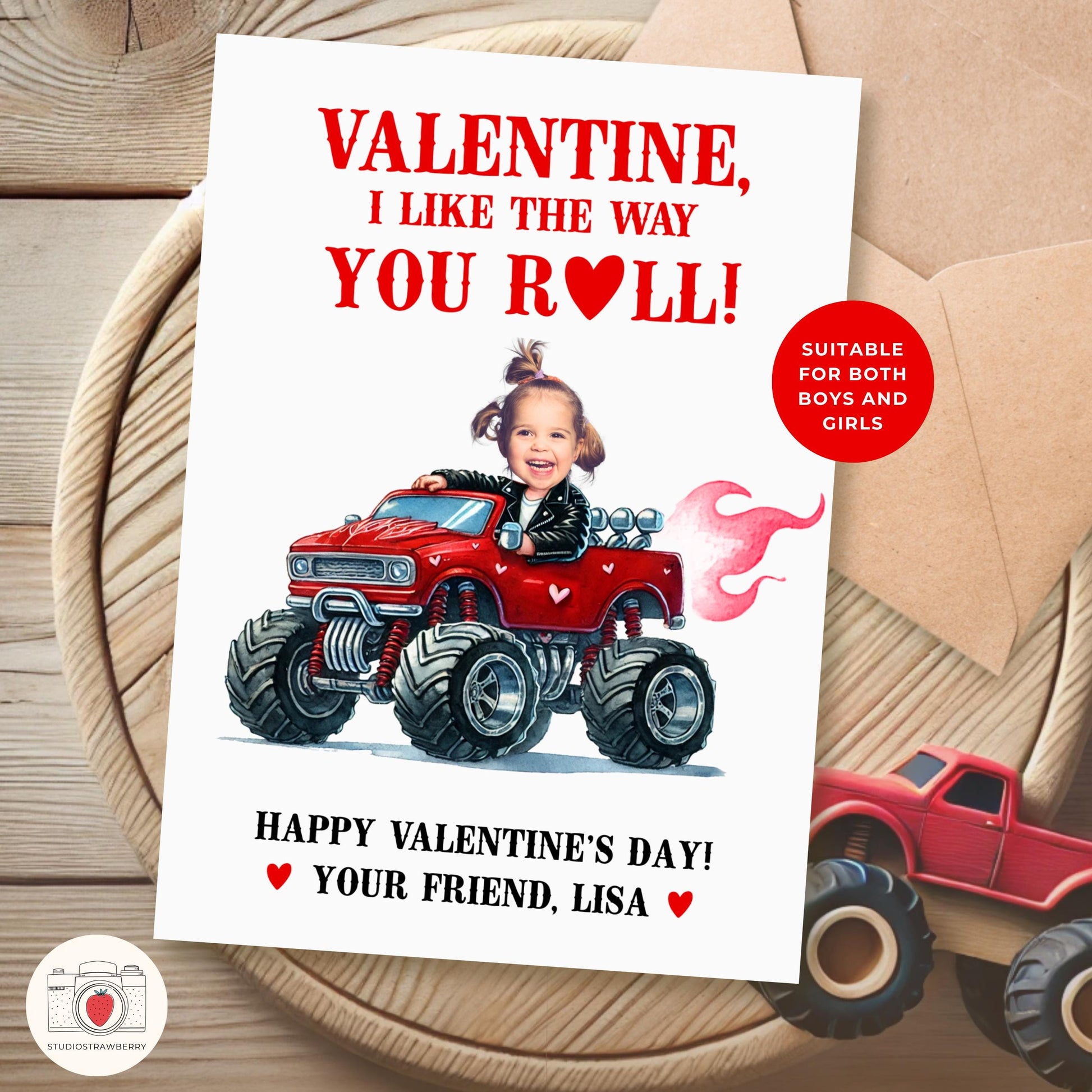 Personalized Monster Truck Valentine’s Card for Kids - Custom Photo Digital Valentine - Printable Fun School Exchange Card for Boys
