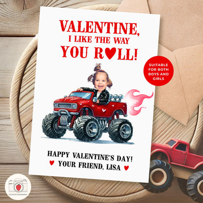 Personalized Monster Truck Valentine’s Card for Kids - Custom Photo Digital Valentine - Printable Fun School Exchange Card for Boys