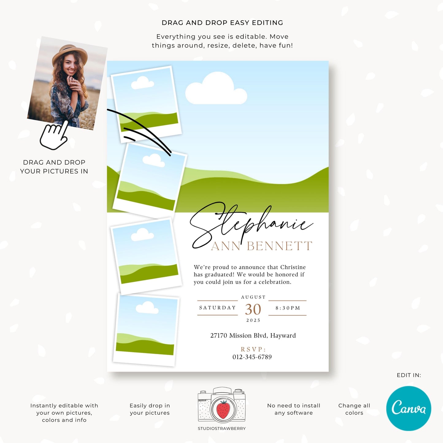 Editable Graduation Announcement Template, Class of 2025 Graduation Invitation with Photo, Printable Senior Graduation Card, Polaroids