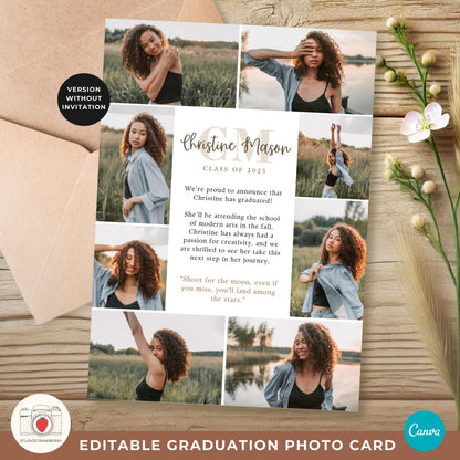 Editable Canva graduation card with a large monogram design, showcasing easy drag-and-drop editing.