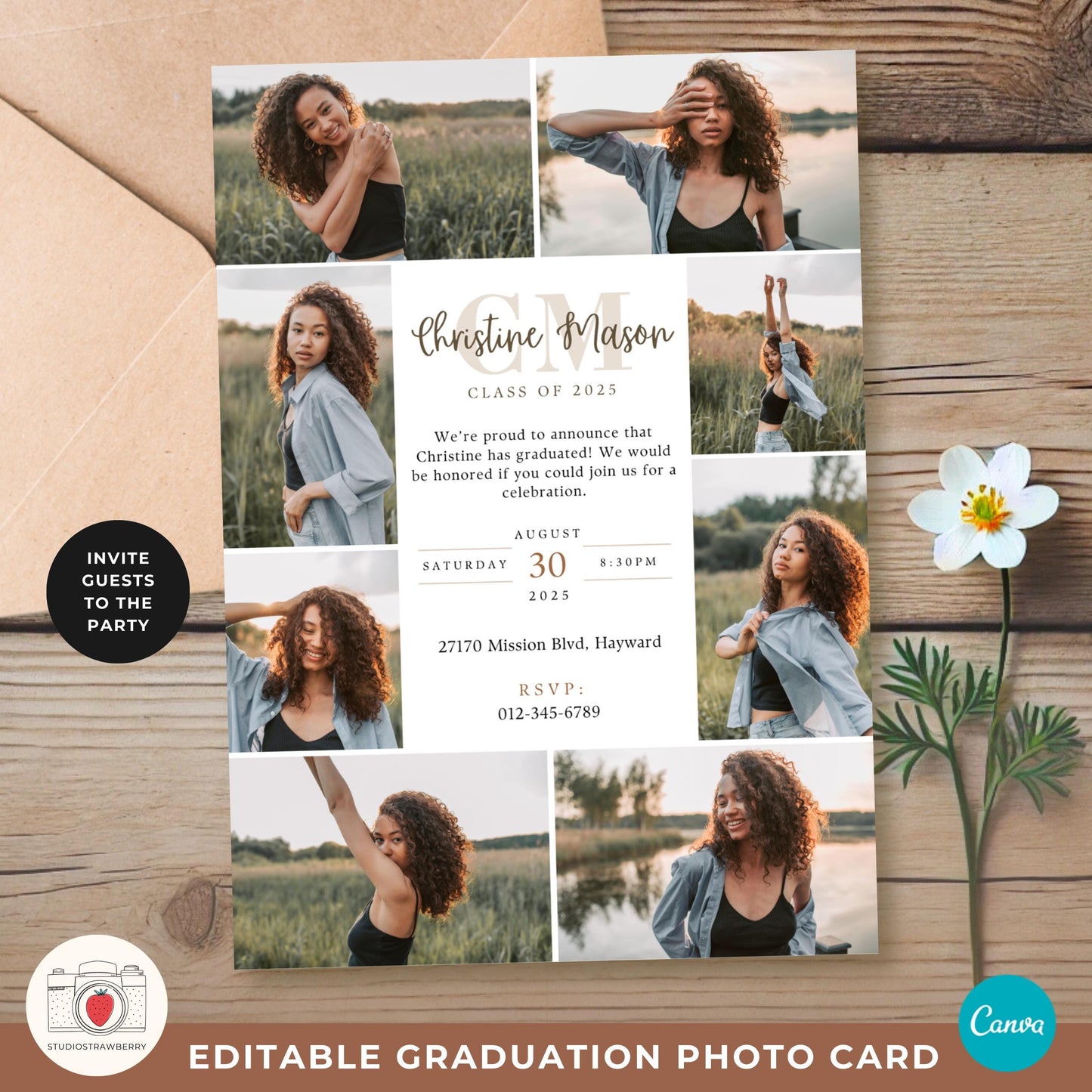 Personalized Class of 2025 graduation invitation with a stylish monogram and multiple photo layout.