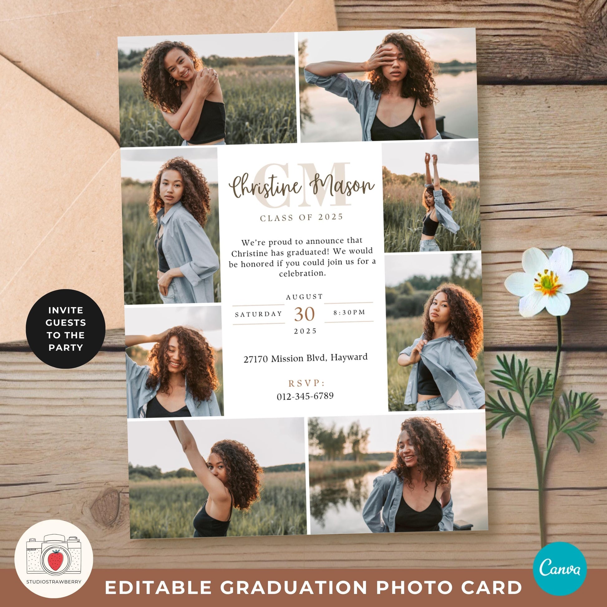 Personalized Class of 2025 graduation invitation with a stylish monogram and multiple photo layout.