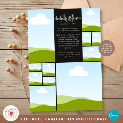 Monogram Graduation Announcement for Guys | Editable Canva Grad Card | Class of 2025 Men’s Grad Invitation with Photo Collage