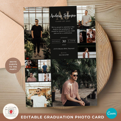 Monogram Graduation Announcement for Guys | Editable Canva Grad Card | Class of 2025 Men’s Grad Invitation with Photo Collage