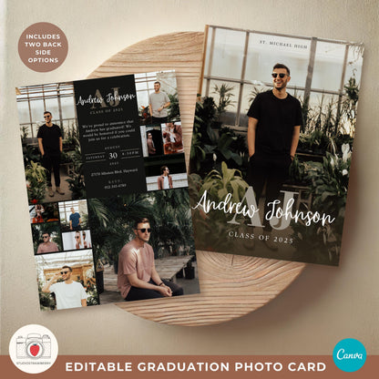 Monogram Graduation Announcement for Guys | Editable Canva Grad Card | Class of 2025 Men’s Grad Invitation with Photo Collage
