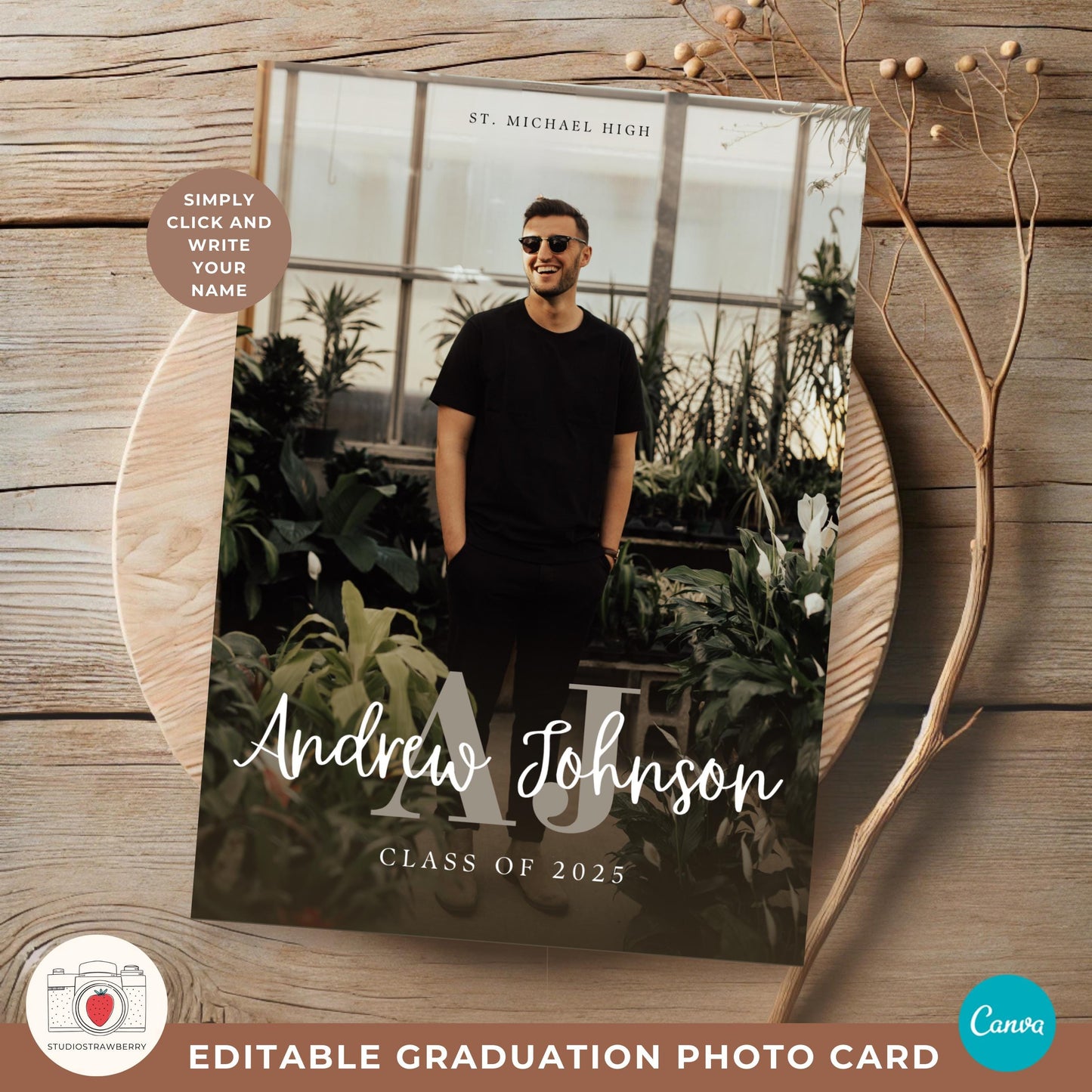 Monogram Graduation Announcement for Guys | Editable Canva Grad Card | Class of 2025 Men’s Grad Invitation with Photo Collage