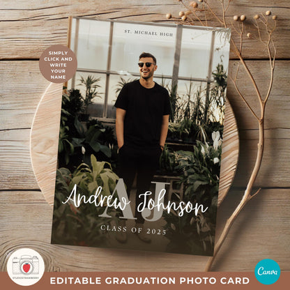 Monogram Graduation Announcement for Guys | Editable Canva Grad Card | Class of 2025 Men’s Grad Invitation with Photo Collage