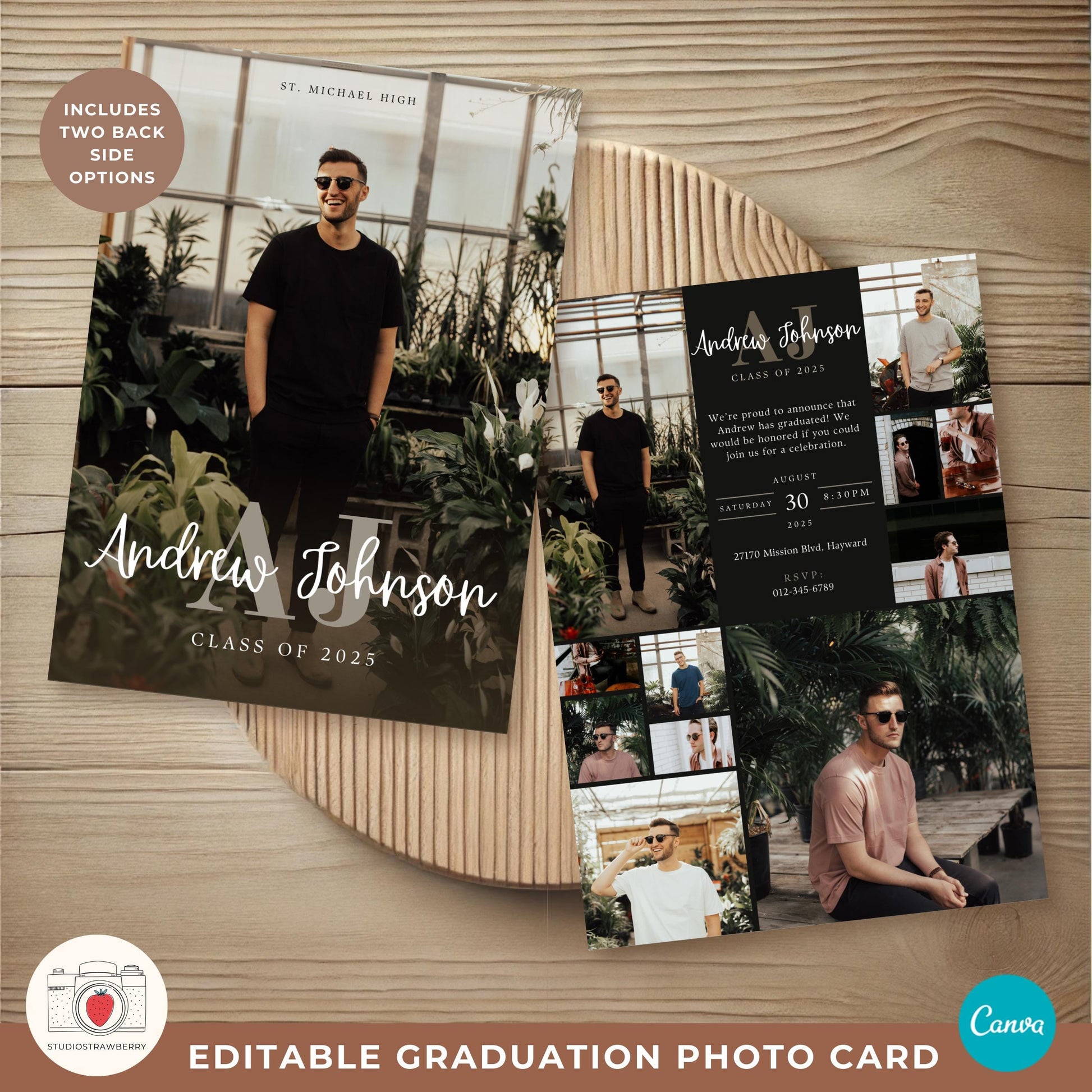 Monogram Graduation Announcement for Guys | Editable Canva Grad Card | Class of 2025 Men’s Grad Invitation with Photo Collage