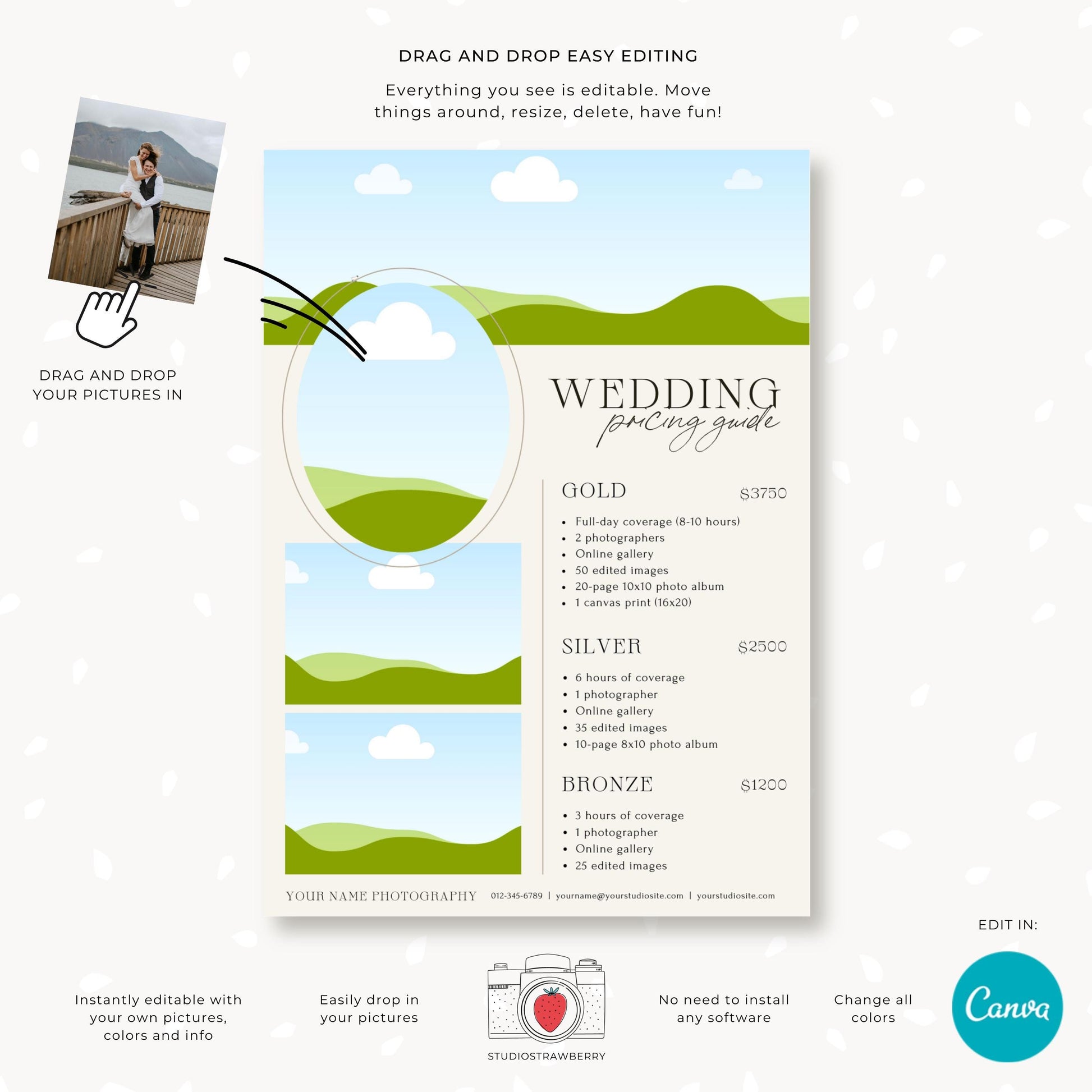 Canva editable wedding photography pricing template with drag-and-drop photo placeholders.