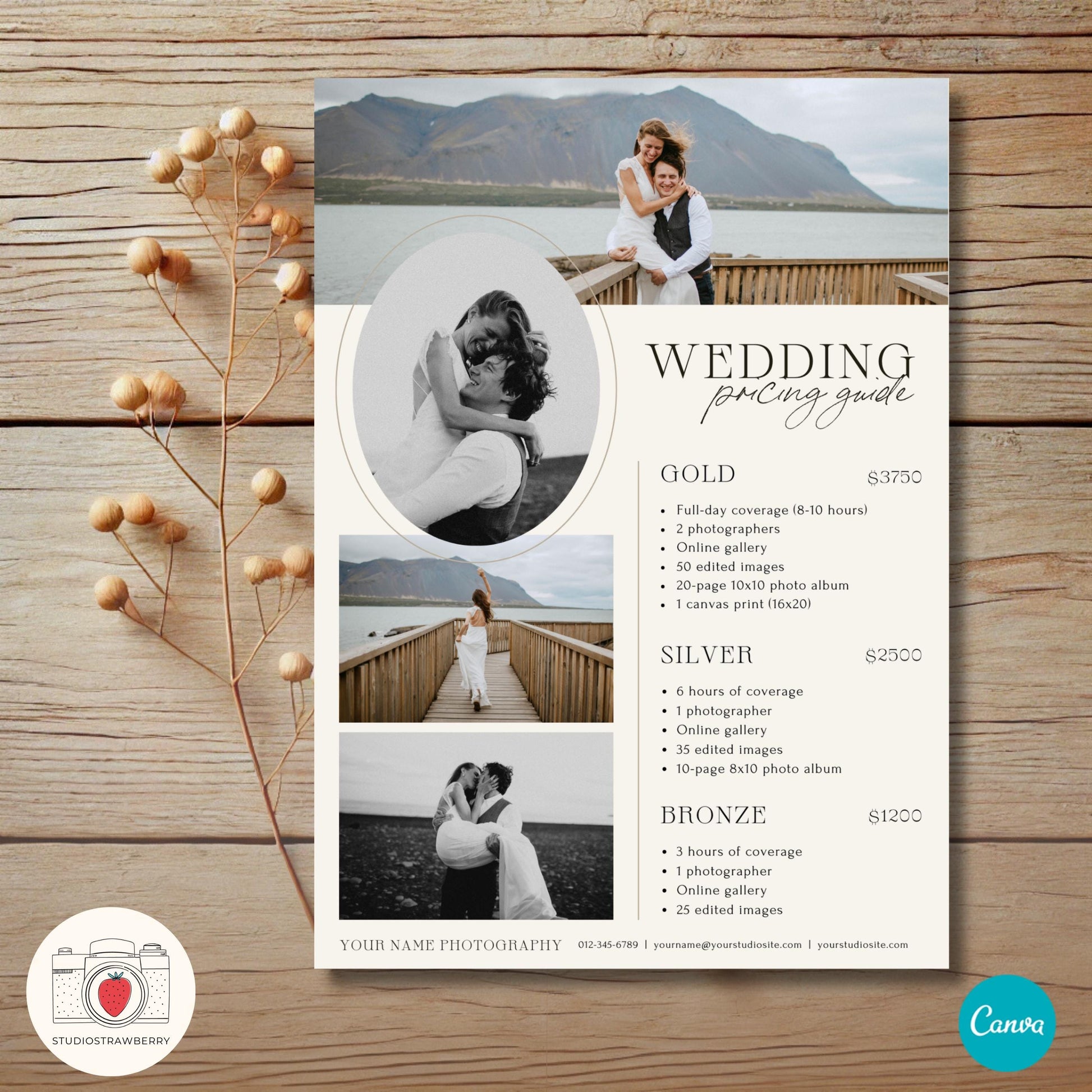 Wedding price list template for photographers with a neutral vintage design, perfect for print or digital use.