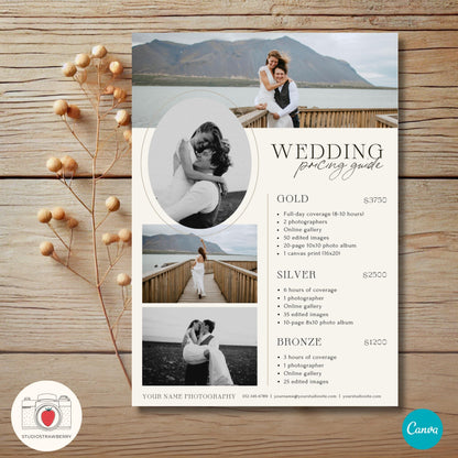 Wedding price list template for photographers with a neutral vintage design, perfect for print or digital use.