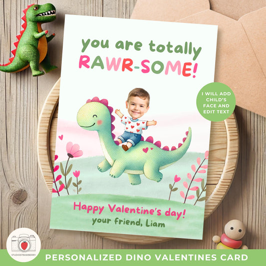 Personalized dinosaur Valentine’s Day card with a childs photo riding a green dinosaur, surrounded by hearts and flowers.