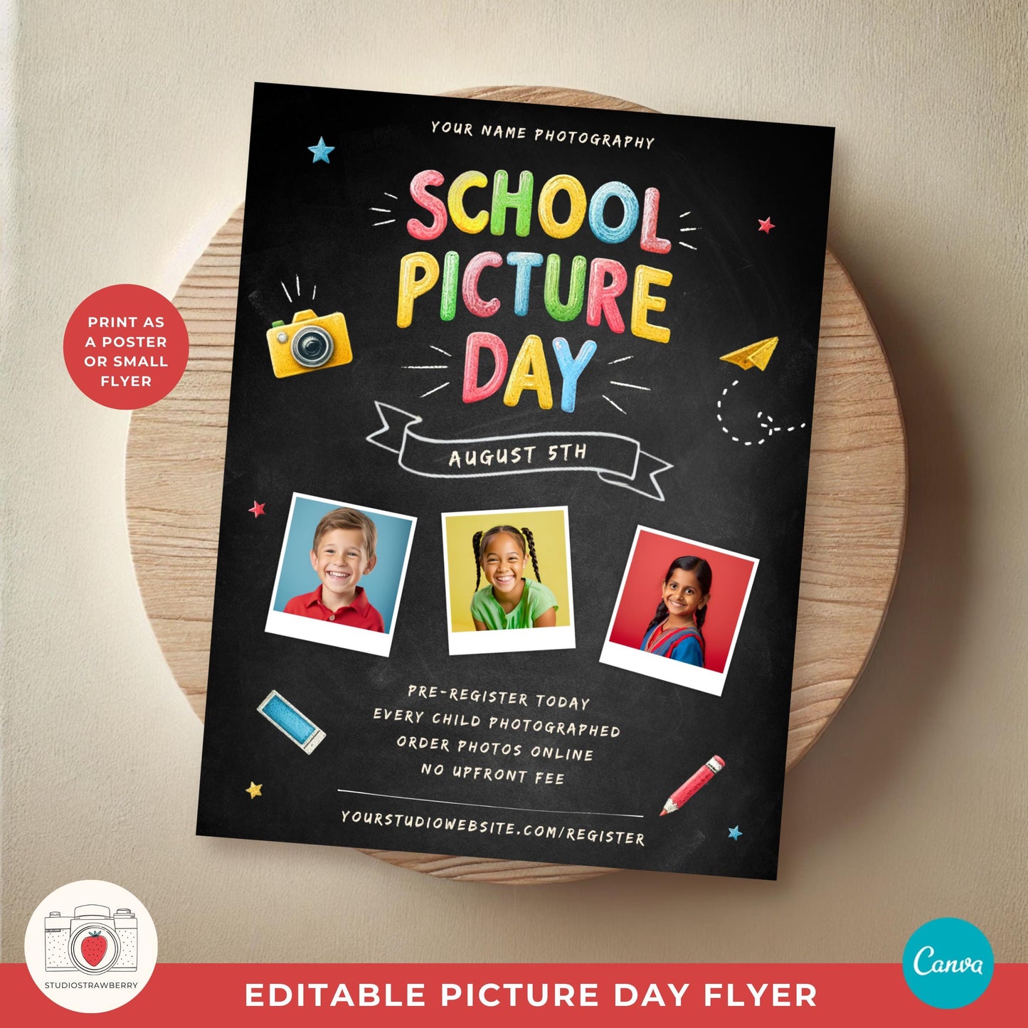 Printable School Picture Day poster featuring three polaroid-style image placeholders.