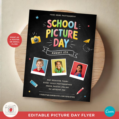 Printable School Picture Day poster featuring three polaroid-style image placeholders.