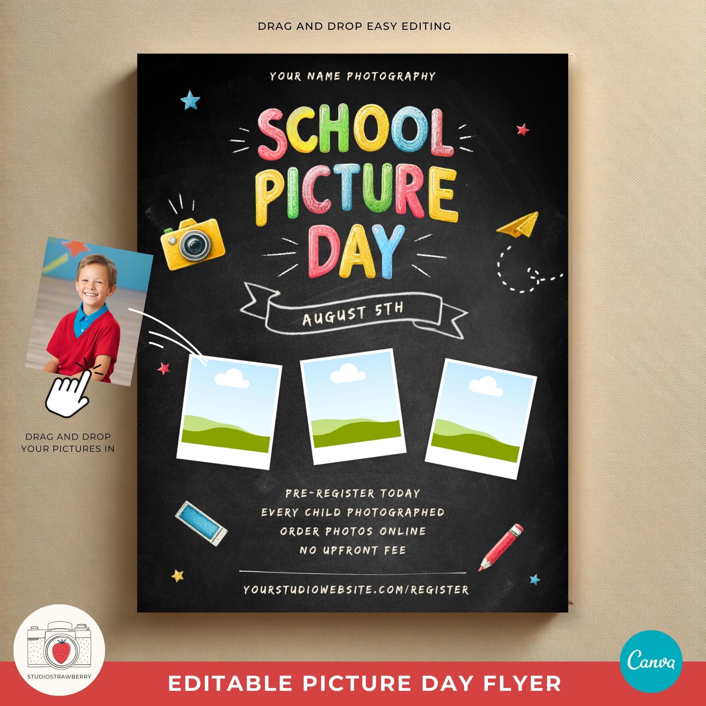 Canva editable school photography marketing flyer with a playful school-themed layout.