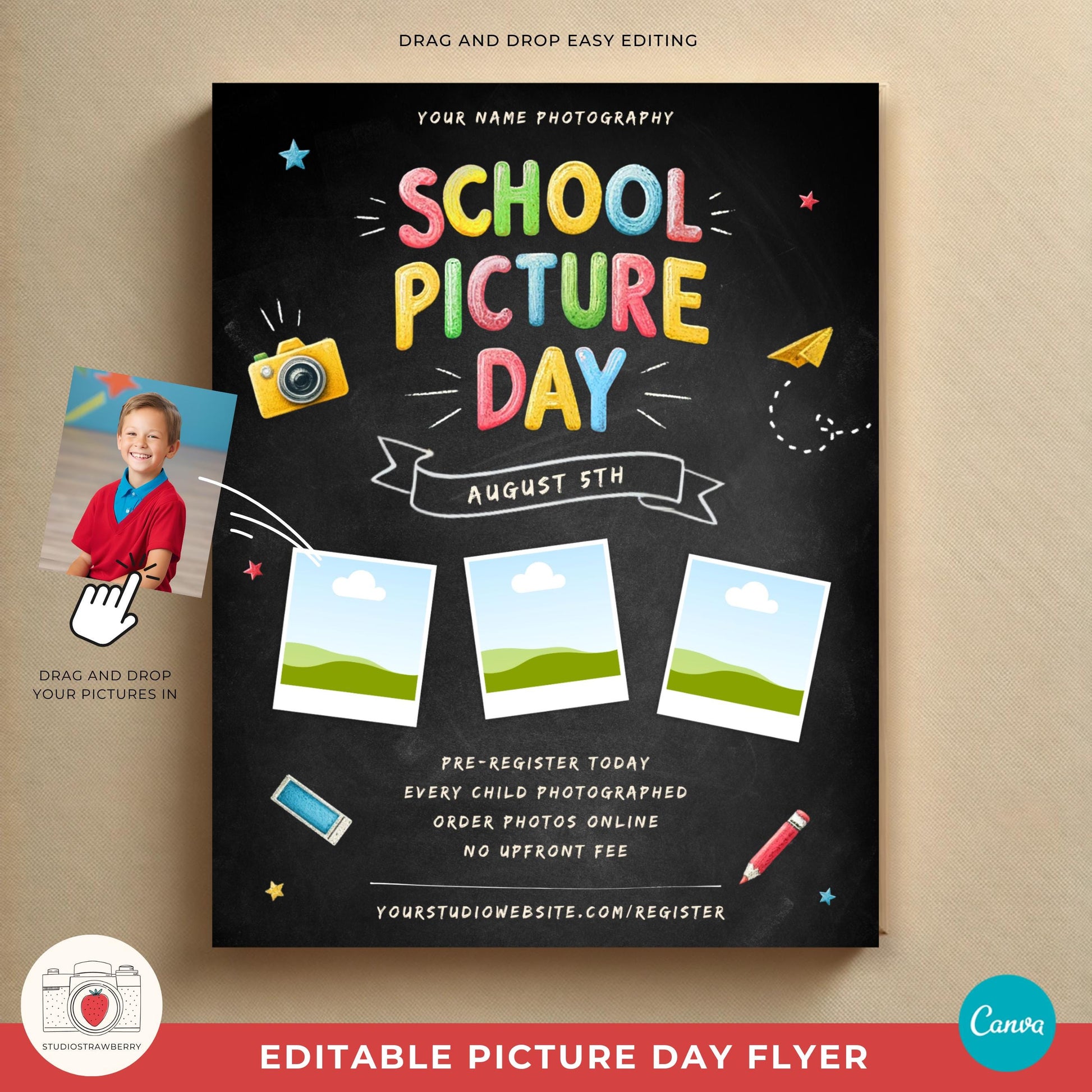 Canva editable school photography marketing flyer with a playful school-themed layout.
