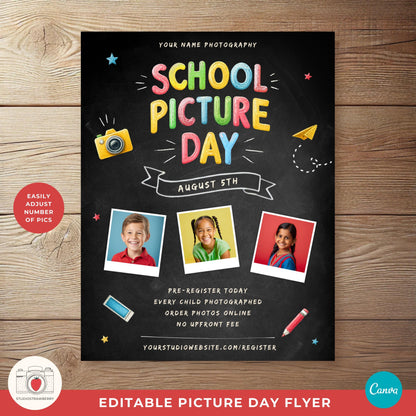 Customizable back-to-school picture day flyer with a yellow camera illustration.
