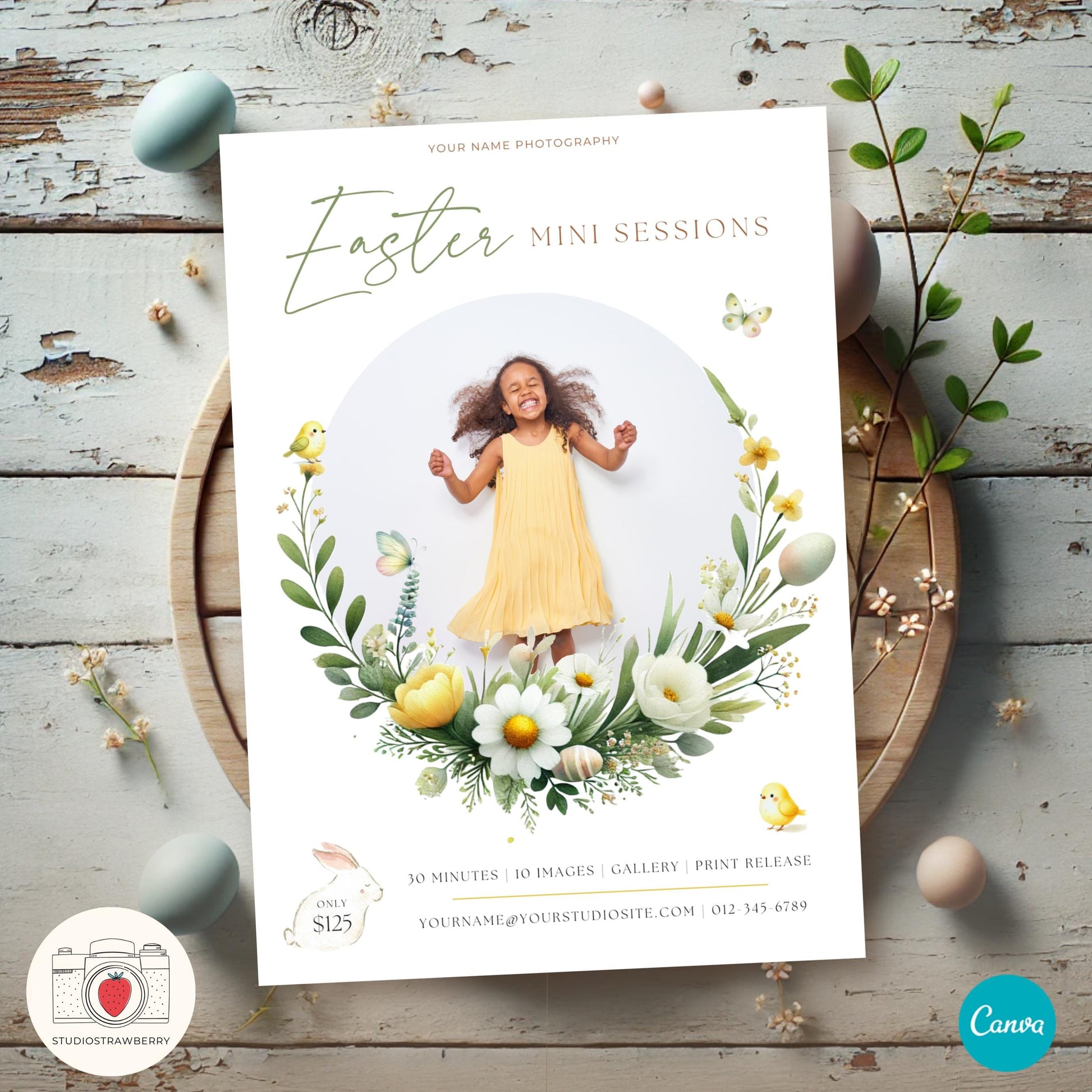 Spring-themed Easter photography mini session ad with floral design and pastel colors.