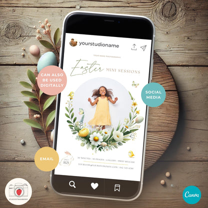 Printable Easter photography flyer on a rustic wooden background with decorative eggs and greenery.