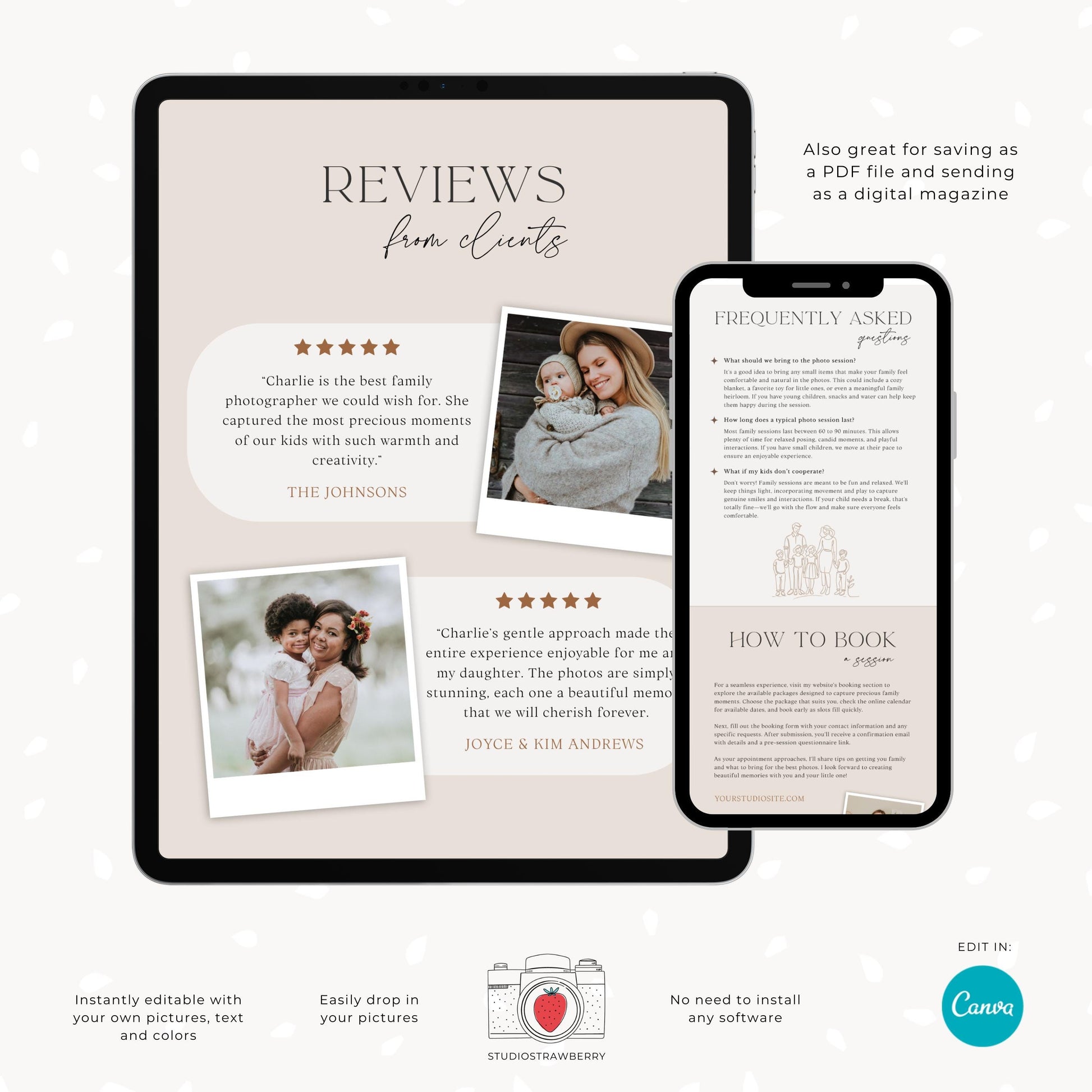 Fully editable Canva template for photographers to create a polished and professional family session guide.