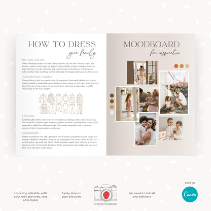 Photography what to expect flyer template for family photographers, including pre-session and post-session details.