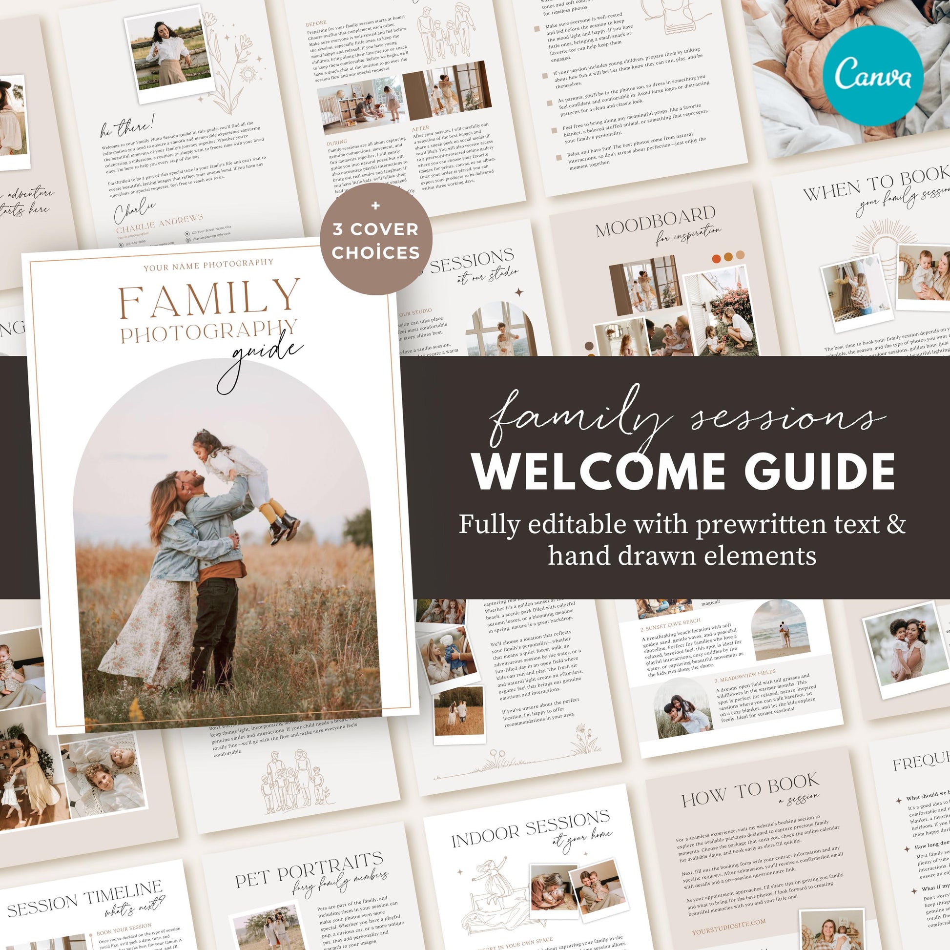 Editable family photography welcome guide template with Canva, featuring a modern client magazine for family sessions.