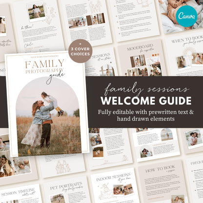 Editable family photography welcome guide template with Canva, featuring a modern client magazine for family sessions.