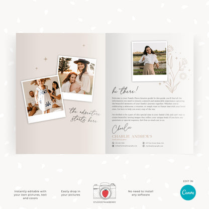 Family photography pricing guide template showing different package options and a la carte print selections.