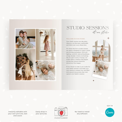 Family photography branding template with a soft, modern design, customizable in Canva.