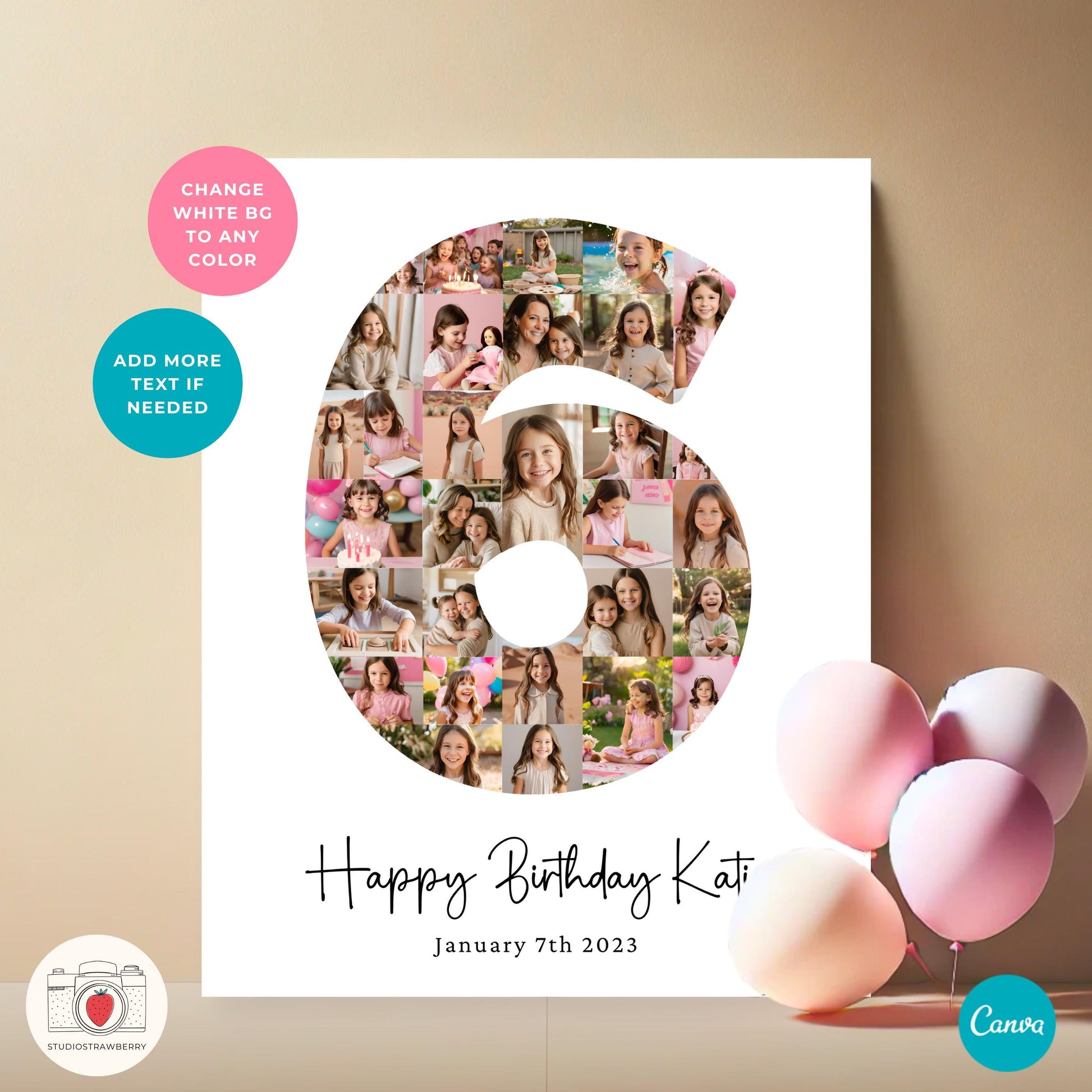 6th birthday party photo display featuring a custom number six filled with memorable pictures.