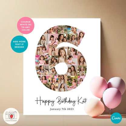 6th birthday party photo display featuring a custom number six filled with memorable pictures.