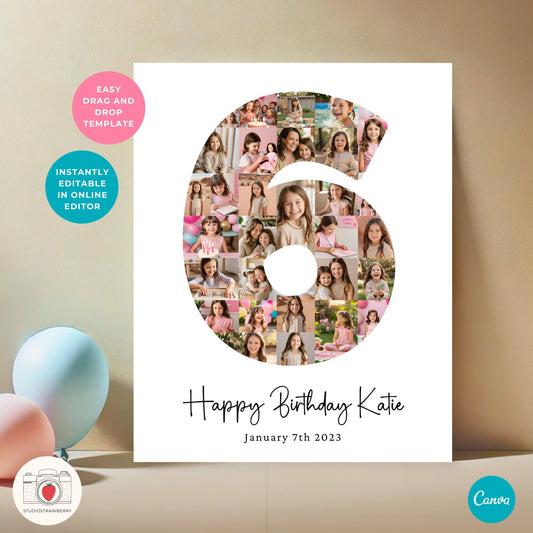 Birthday number six photo collage template featuring a custom collection of images in the shape of a 6.