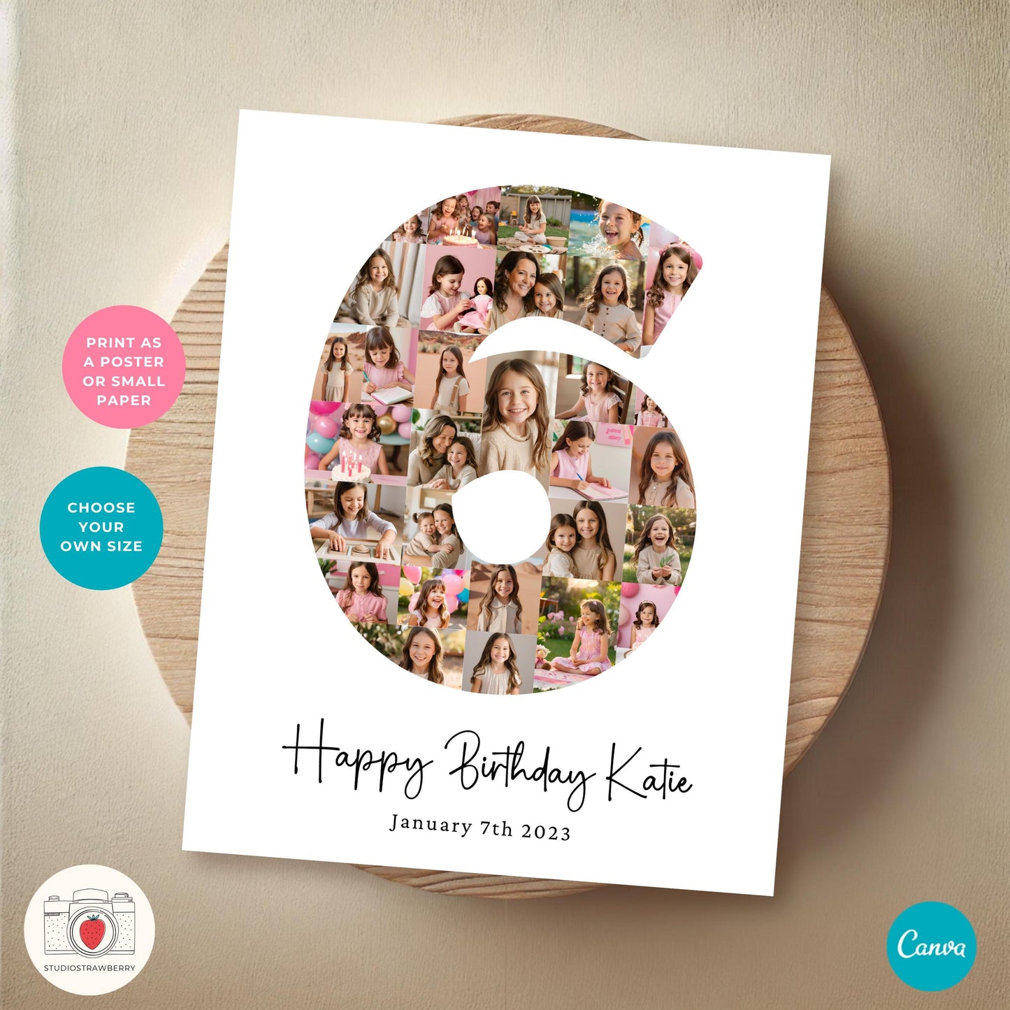 Personalized 6th birthday photo print with a unique number six photo composite design.