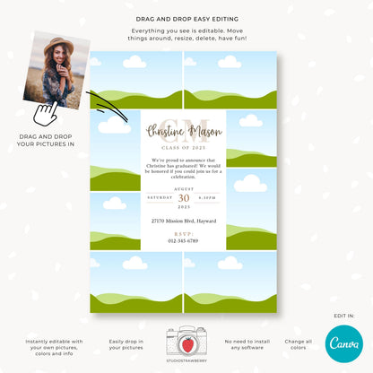 Printable monogram graduation announcement with space for a graduate’s name and initials.