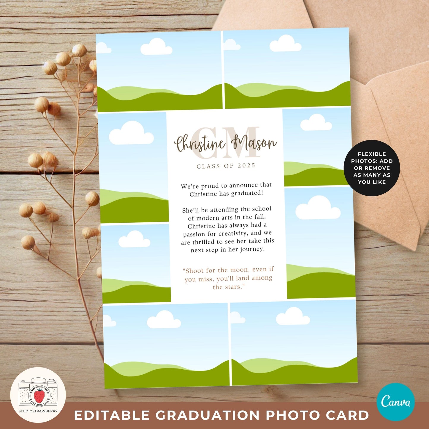 Customizable graduation card with a monogram design, ideal for printing or digital sharing.